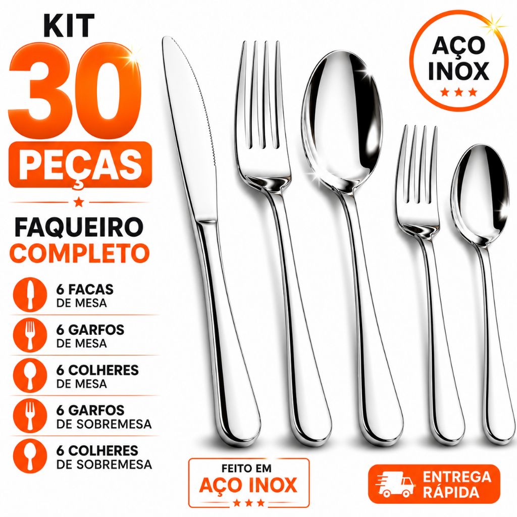 Kit Talheres 30 Peças Aço Inox Completo  Facas, Garfos, Colheres Mesa + Garfos e  Colheres Sobremesa Resistente Forte