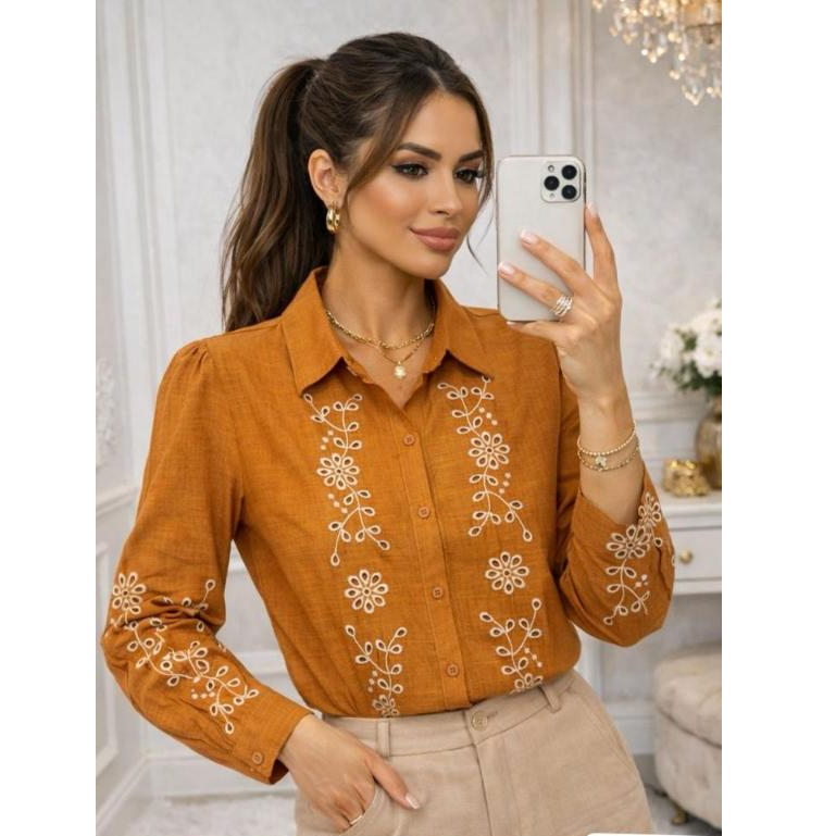 Camisa Feminina Em Linho Leve Com Bordados Florais Ramos - Moda Casual Feminina YJ6450