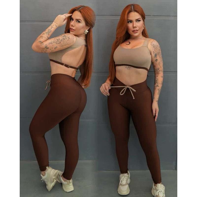 Conjunto GymFit Calça Legging com cordinha e Top GymFit Costa Nua moda gringa academia — imagem 1