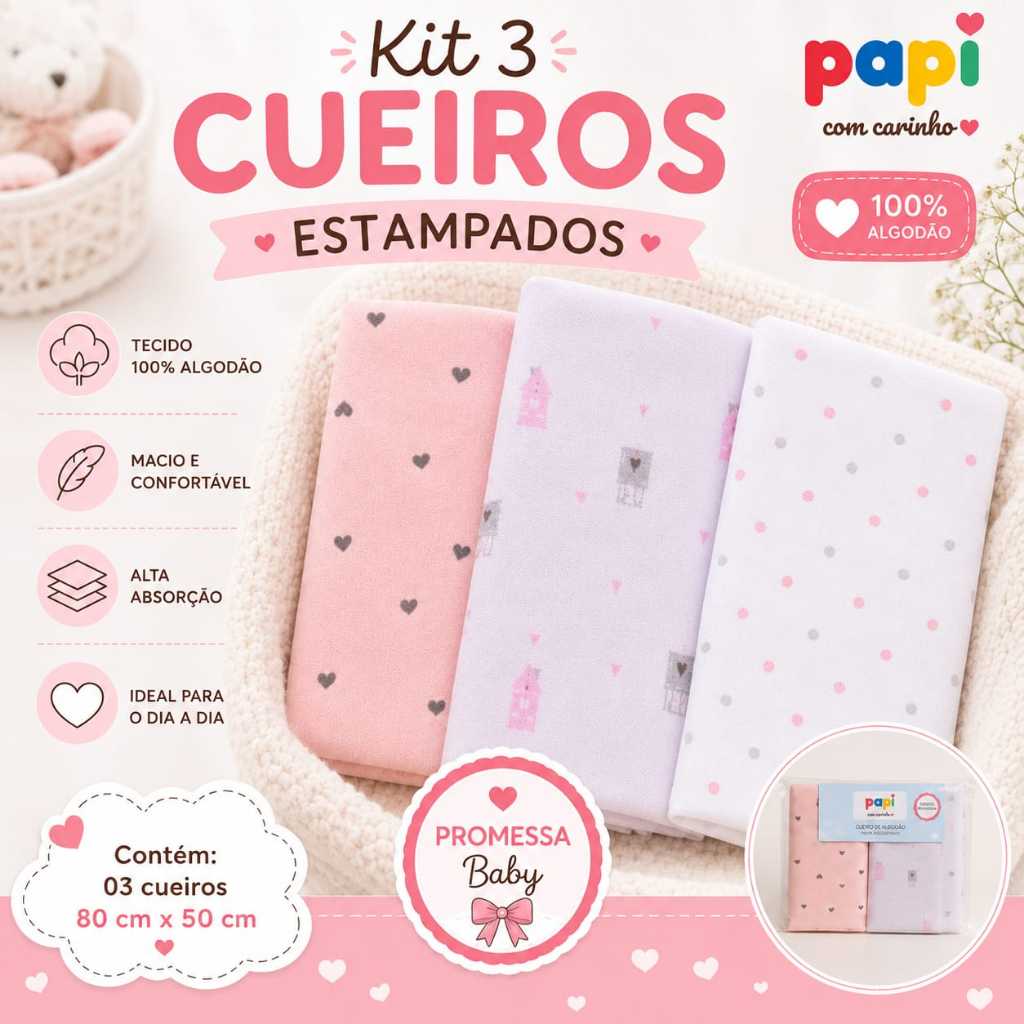 Kit 3 Cueiros Bebê 100% Algodão 80x50cm Estampado Menina Enxoval Maternidade