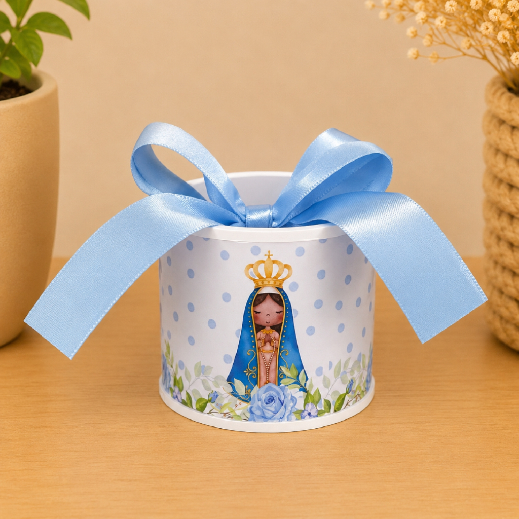 Kit Mini Tubolata Nossa Senhora Aparecida azul personalizadas I Lembrancinha aniversário | 5x6 Tampa de Plástico branca