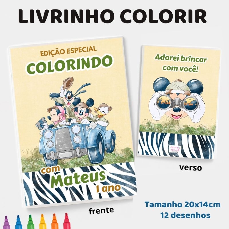 10 Livrinhos COLORIR MICKEY SAFARI personalizados, lembrancinhas festa aniversário Infantil