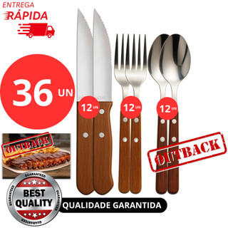 Jogo KIT 36, 24 ou 12 Peças Talheres Para Churrasco Jumbo Faca Outback Garfo e Colher de cabo De Madeira
