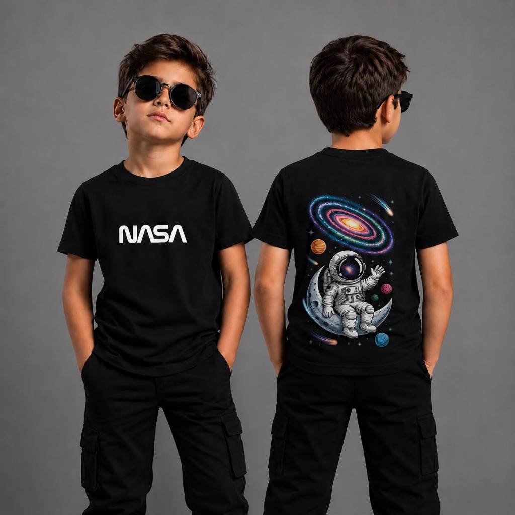 Camiseta Infantil Astronauta Espaço 100% Algodão Manga Curta Estampa Frente Costas Menino Confortável Moda Kids 2026