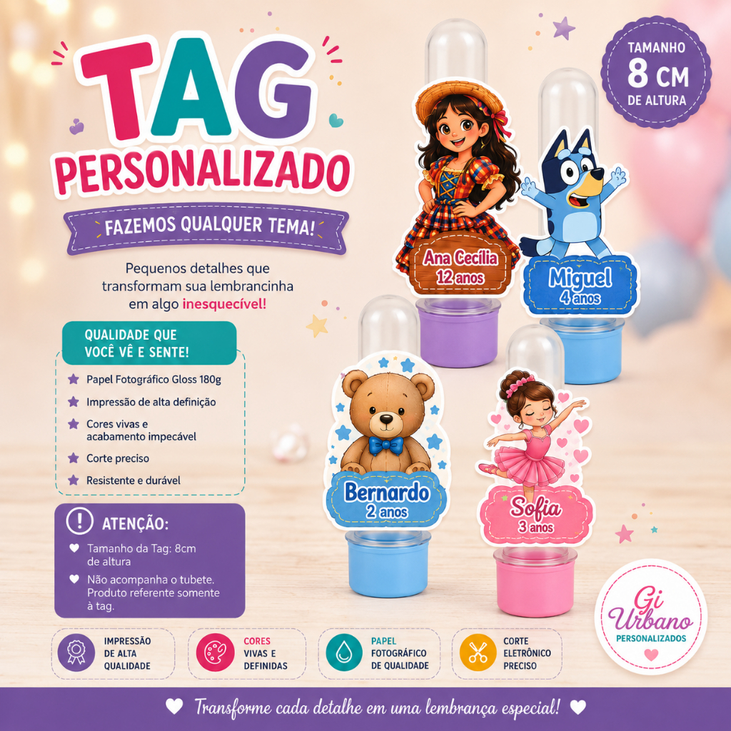 TAG PARA TUBETE PERSONALIZADA/ APLIQUE PARA TUBETE PERSONALIZADO/ LEMBRANCINHA DE ANIVERSÁRIO / FESTA INFANTIL