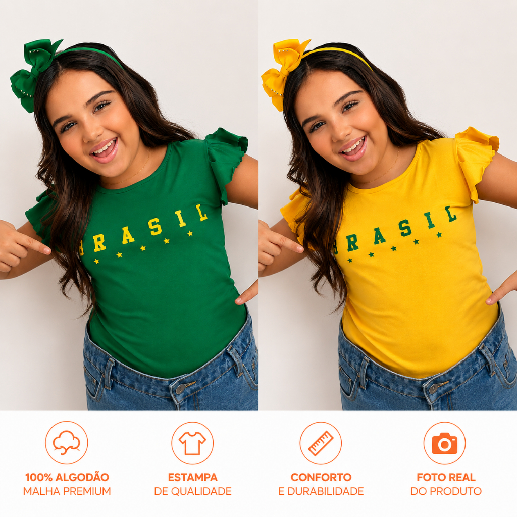 Camiseta Blusa do Brasil infantil menina Copa 2026 5 Estrelas