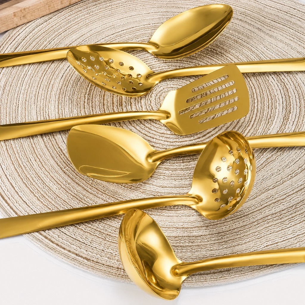 Kit 4/11 Peças Utensílios de Cozinha em Aço Inoxidável Dourado - Espátula, Colher, Concha, Escumadeira, Pegador de Pizza · foto 2