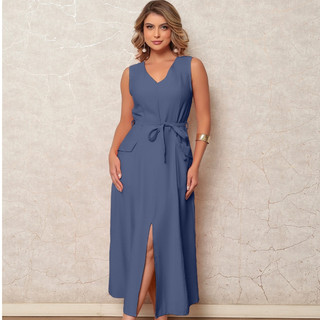 VESTIDO MIDI ELEGANTE MARANTE CINTO FAIXA FENDA- ALM5087