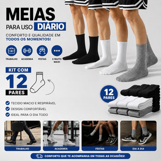 Kit 12 Pares de Meia Cano Alto Uso Diário Conforto Academia Trabalho Corrida Pronta Entrega