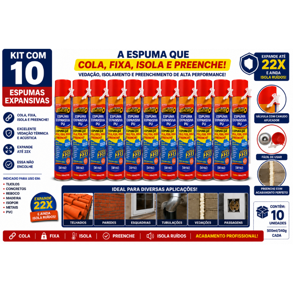 Kit 10 Espuma Expansiva Dryko 500ml Selante PU Uso Geral Madeira Portas Janelas Construção Vedação