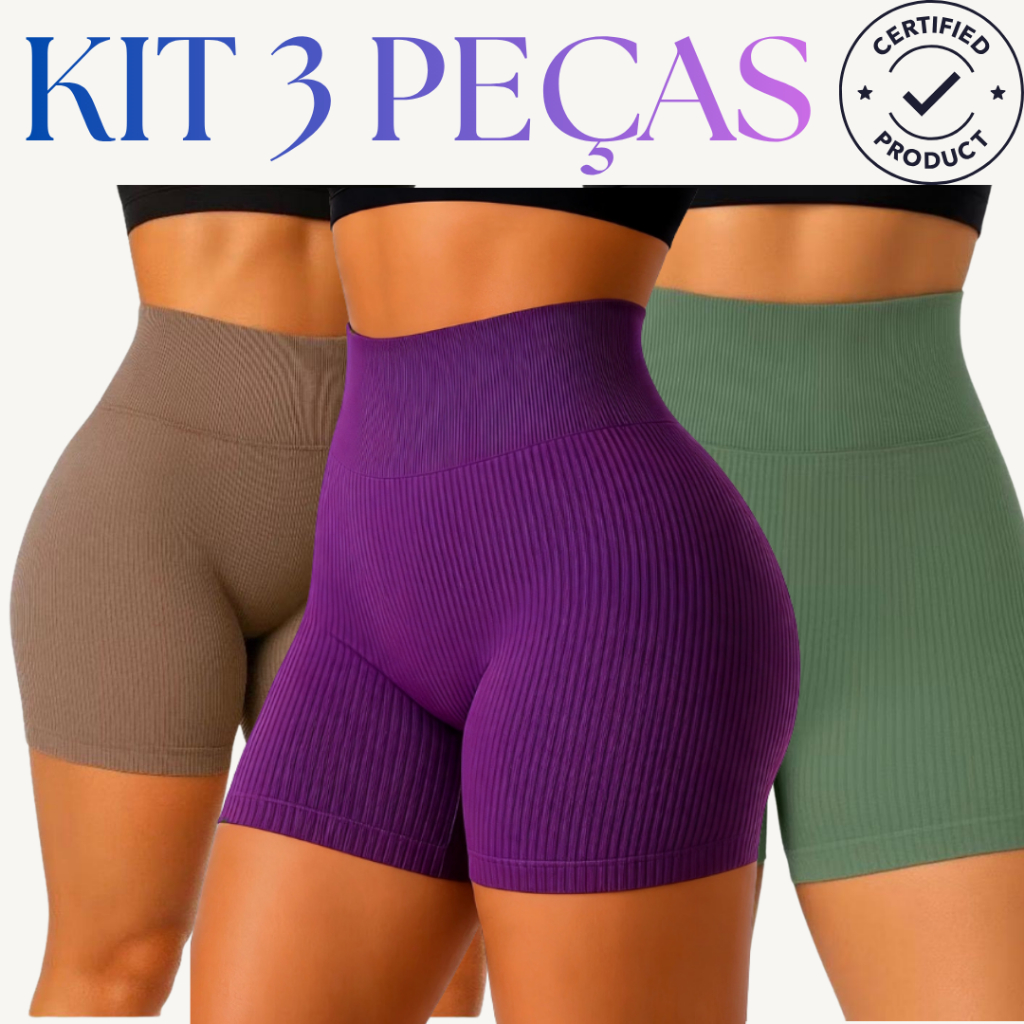 Kit 3 Short Legging Canelado Cintura Alta Feminino Academia Treino Fitness Poliamida Zero Transparência Premium Verão