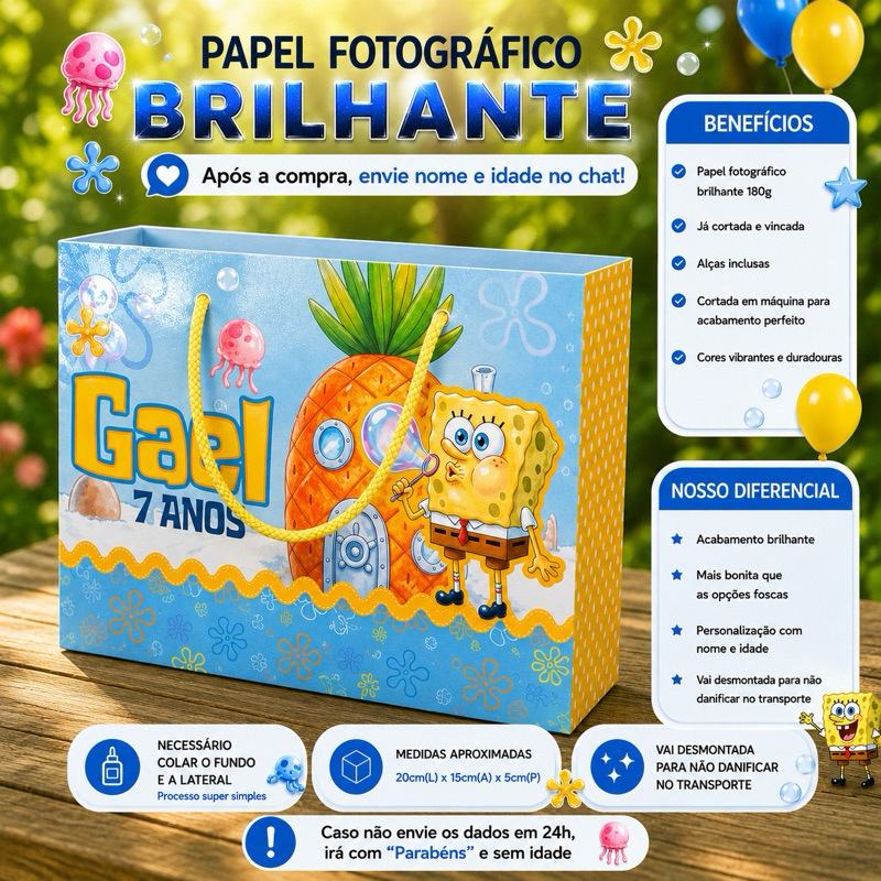 Kit Sacolinhas Personalizadas Bob Esponja Lembrancinhas Aniversário