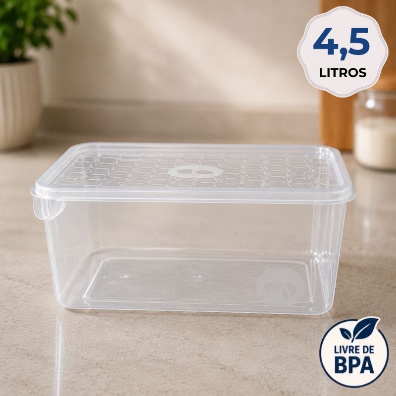 Kit Pote Plástico com Tampa Transparente 4,5 Litros Vasilha Organização Cozinha Marmita Alimentos Despensa Multiuso