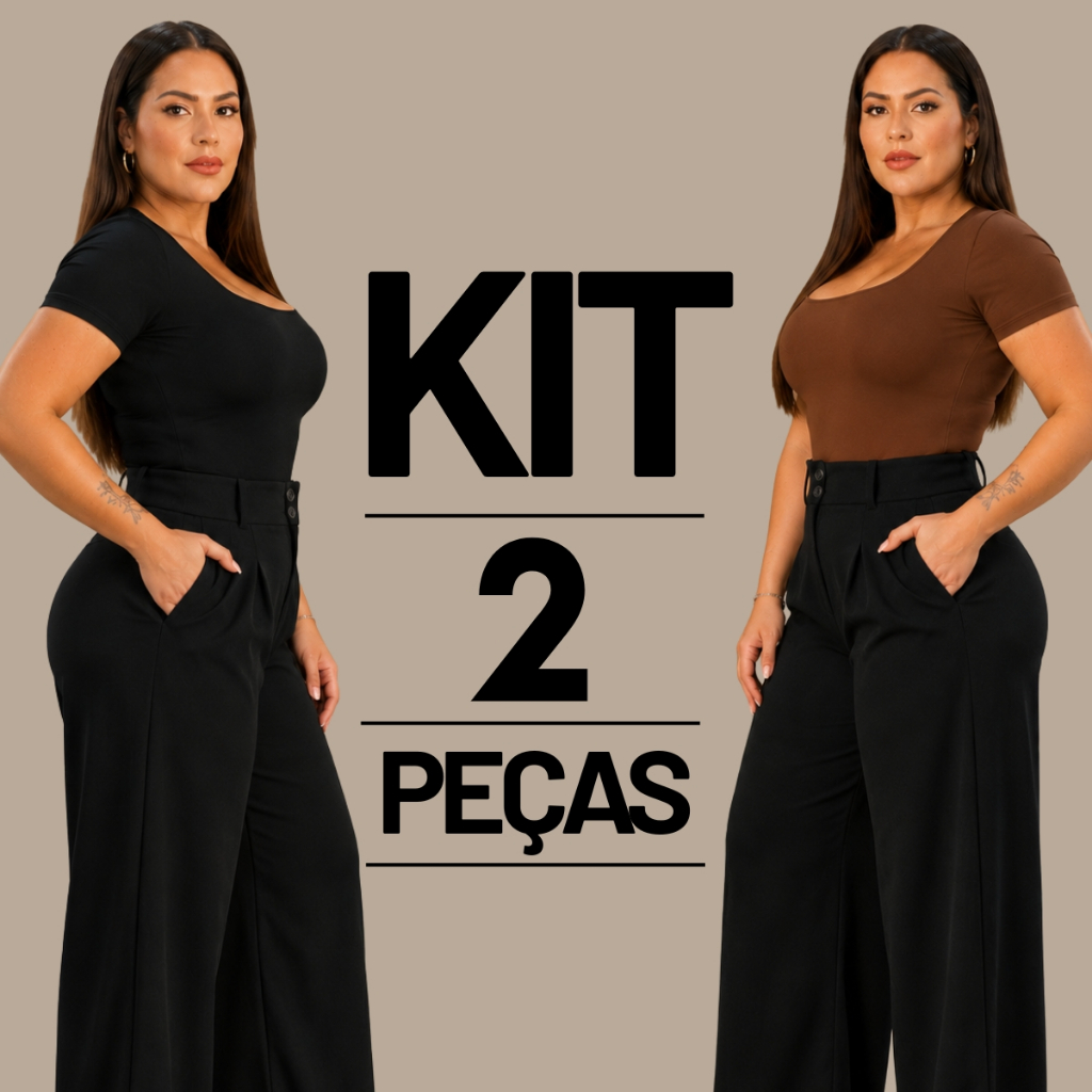 KIT 2 Blusas Feminina Plus Size Suplex Decote Quadrado Manga Curta T-shirt Babylook Básico Casual