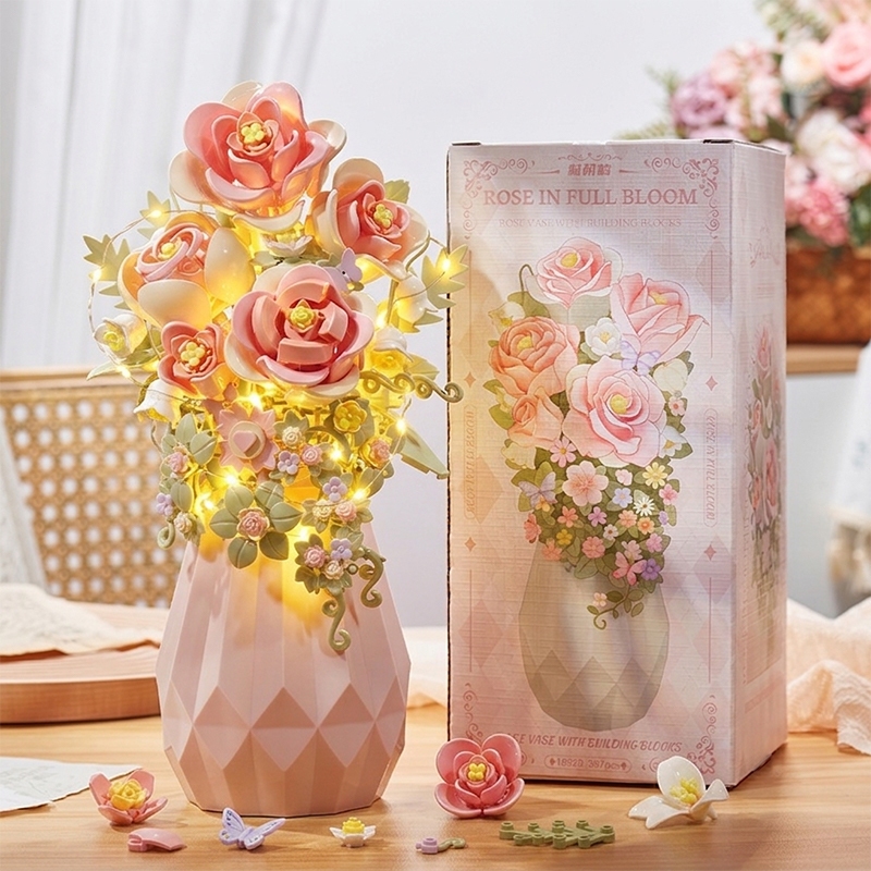 (Luz) Flores de Montar Decorativas mini Blocos com vaso de flores Presente Criativo