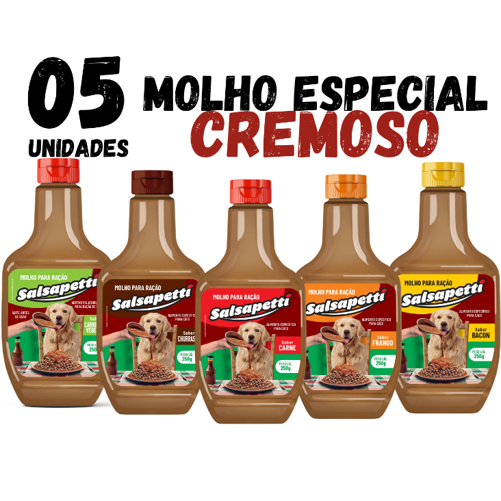 Kit 5 Molho para Ração de Cachorro e Gato 250g Salsapetti Cremoso Sachê para Cachorro Molho para Ração de Gato Pet