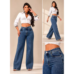 Calça Jeans Feminina Wide Leg Cintura Alta 100% Algodão PREMIUM