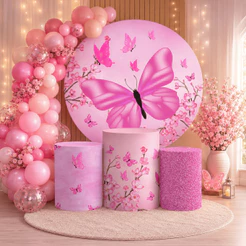 Trio Capas Cilindros + Painel Tema Borboleta Rosa Veste Fácil