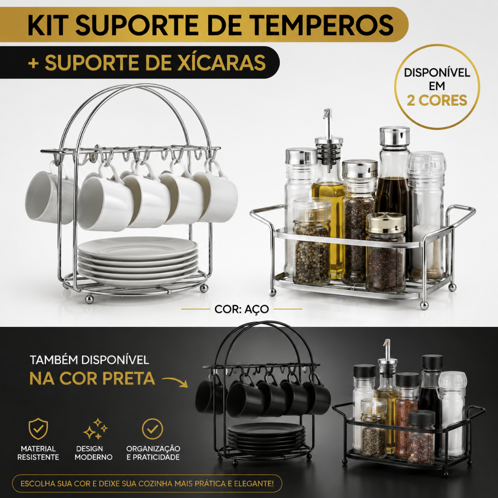Kit Suporte para Xícara + Porta Temperos | Kit Utensílios Cozinha - Cantinho do Café e Organização