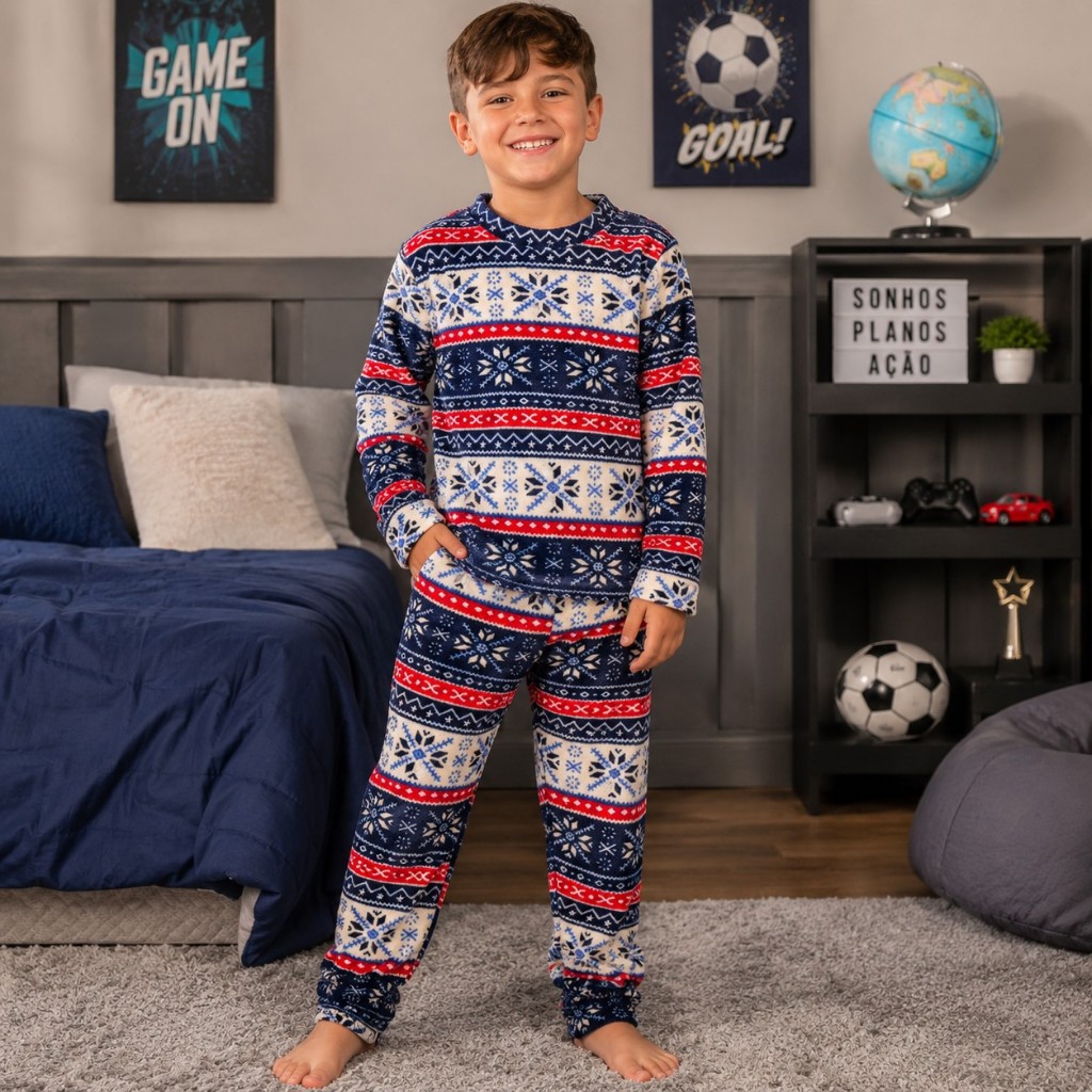 Pijama Infantil Menino Fleece Pelúcia Quentinho Blusa Manga Longa Calça Estampado