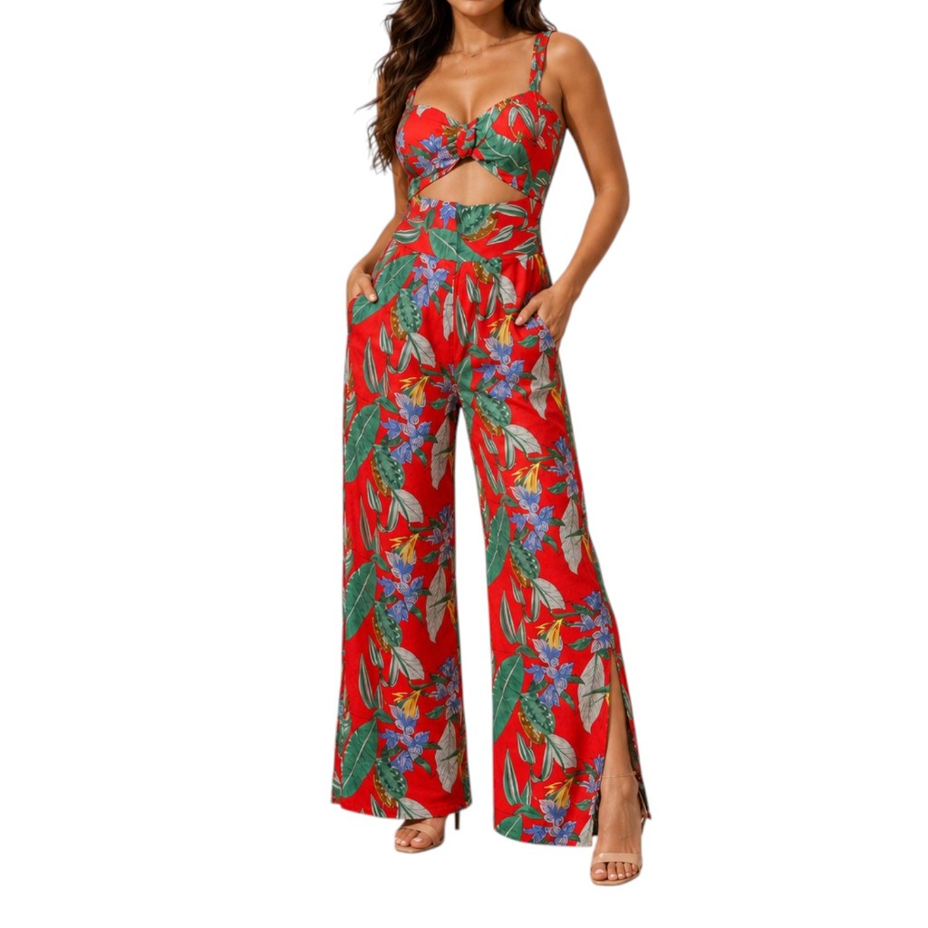 Macacão Feminino Pantalona Estampado Tropical com Recorte Frontal, Bolsos e Fenda Lateral