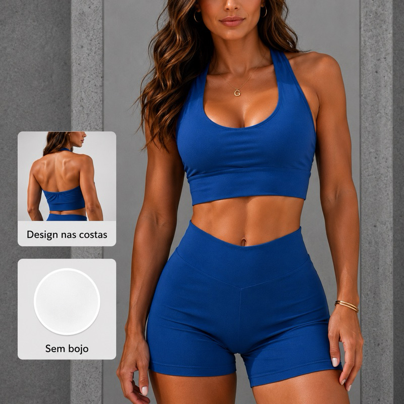 Conjunto Fitness Feminino Premium de Academia Zero Transparência Short Cós Alto Top Costas Abertas Alta Compressão