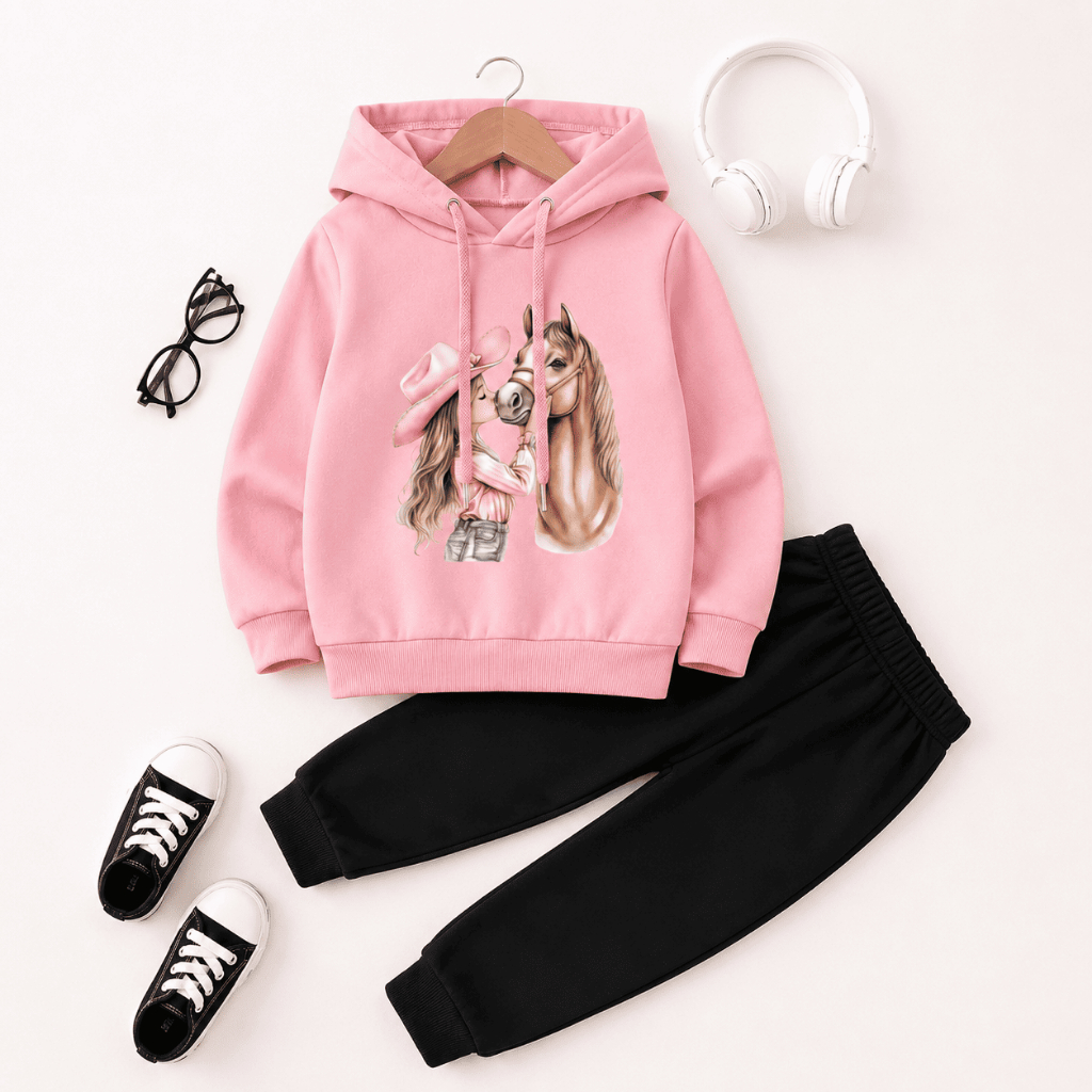 Conjunto Moletom Infantil Estampado Boiadeira Canguru Algodão Com Capuz Casual Confortável