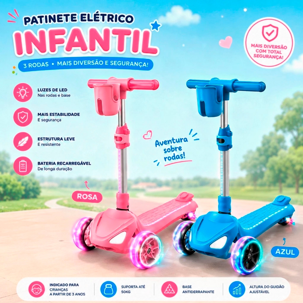 Patinete Infantil Elétrico Dobrável Altura Ajustável Scooter Com 3 Rodas e LEDs - 60W