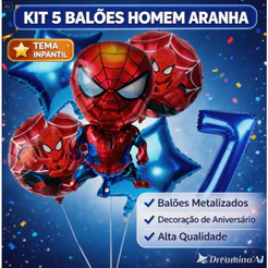 Kit 5 Balão Metalizado Homem Aranha Estrela Azul ou Vermelha + 1 OU 2 Números Azul