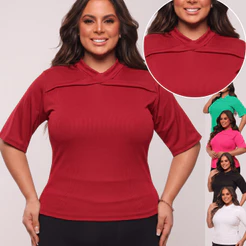 Blusa Feminina Plus Size Canelada Gola Transpassada Moda Elegante Casual Trabalho Premium