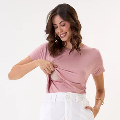 Blusa de Amamentação Rosa Chá com Abertura Prática Manga curta Camiseta Pós-Parto Confortável