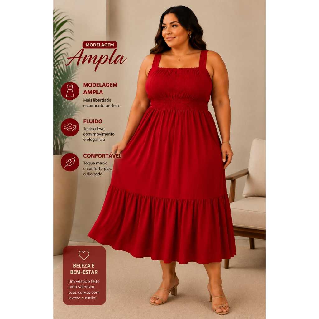 Vestido Midi Plus Size Alça Larga Fluido e Confortável