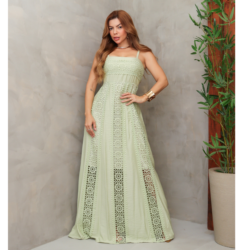 Vestido Longo Feminino Forrado Alça Fina com Renda Guipir Elegante Moda Verão SD1732