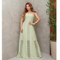 Vestido Longo Feminino Forrado Alça Fina com Renda Guipir Elegante Moda Verão SD1732