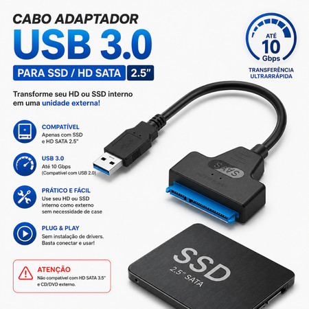 Cabo Adaptador SATA para USB 3.0 Leitor de SSD e HD 2.5 Pol Conversor Alta Velocidade para PC Notebook HD Externo PC