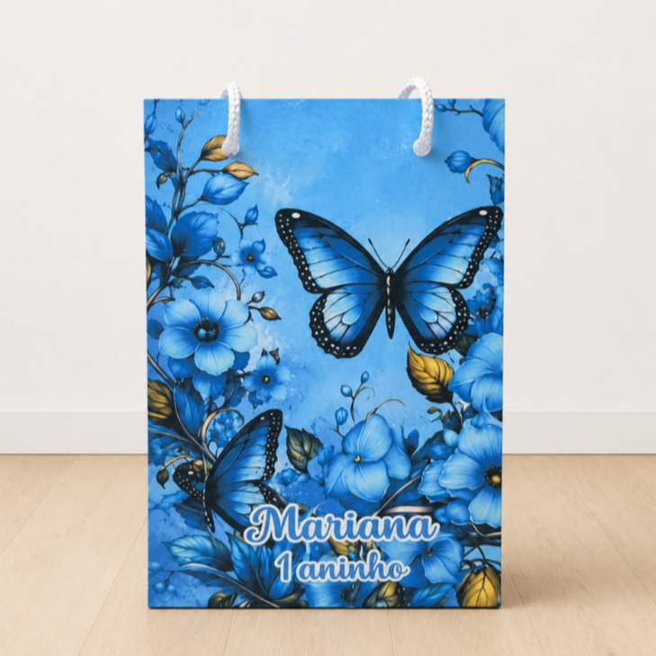 Sacolinha Surpresa Personalizada Lembrancinha Jardim das Borboletas Azul PEGUE E MONTE