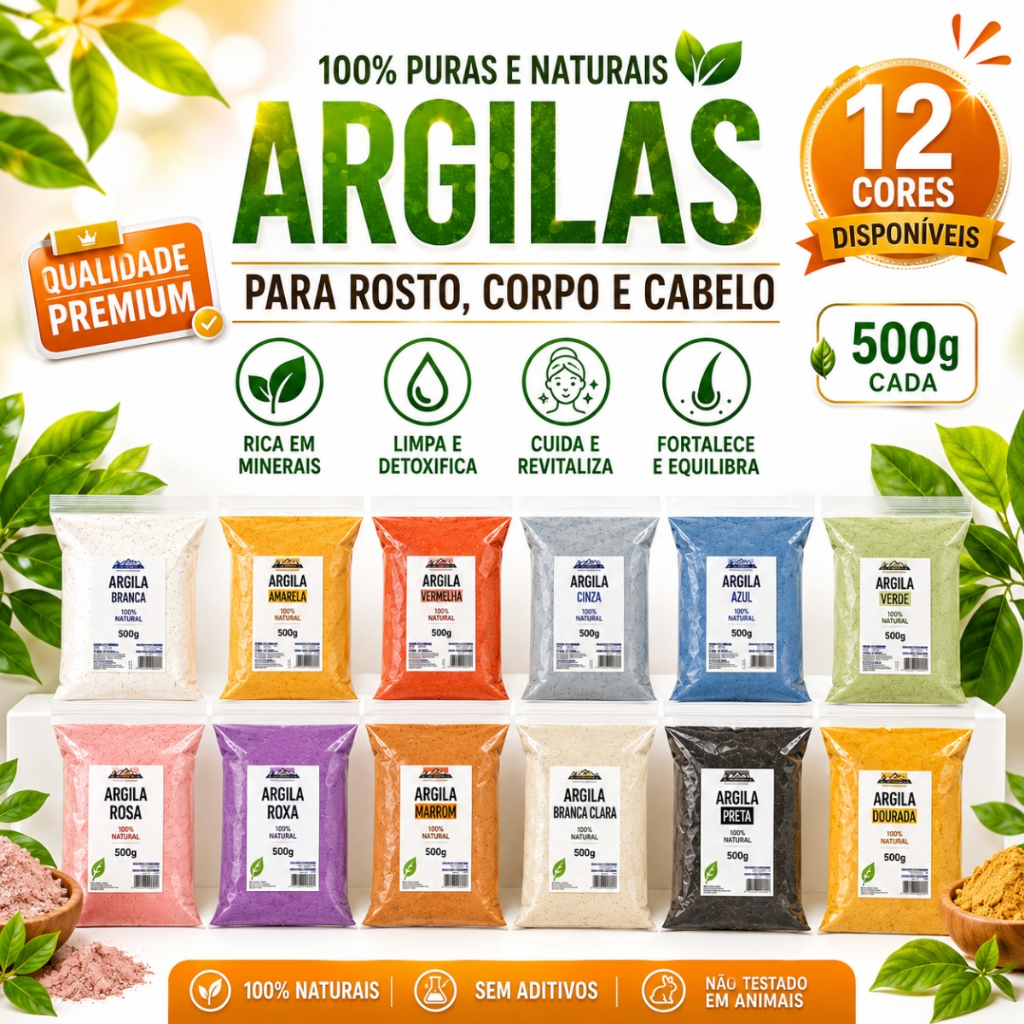 Argilas para Rosto, Corpo e Cabelo skincare Todas as Cores 500g