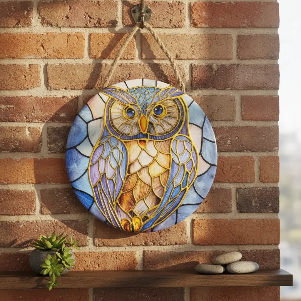 Imagem Mandala Coruja em Porcelana Alto Relevo 16 cm Placa Decorativa