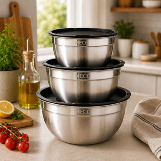 Bowl Inox com Tampa Bowl Bacia Vasilha e Cumbuca em 3 Tamanhos Conjunto Saladeira