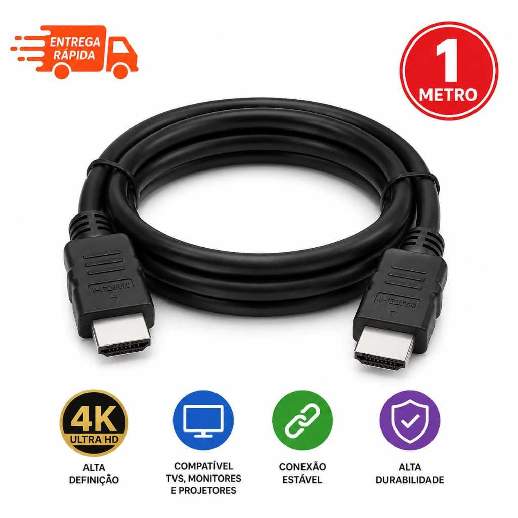 Cabo HDMI Preto 1 Metro Ultra HD Full HD 4K Alta Velocidade Compatível TV Projet