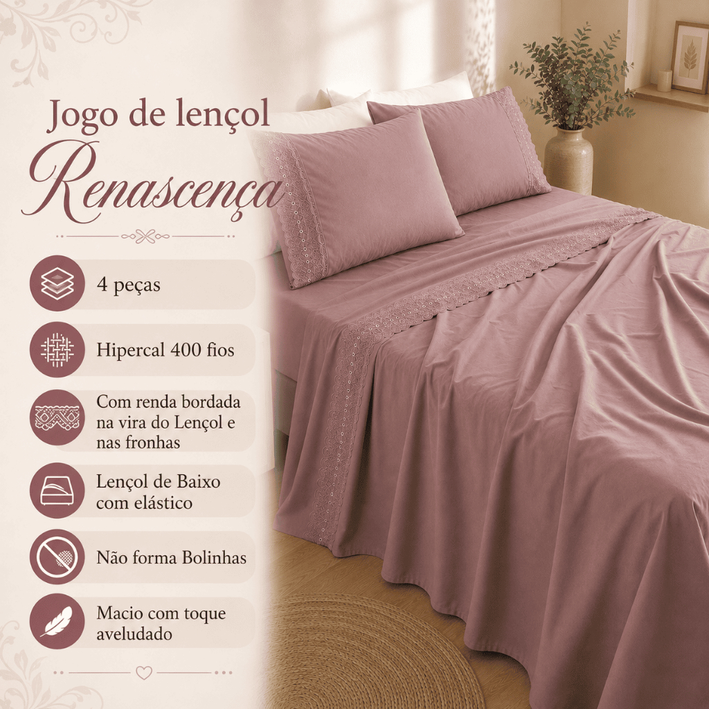 Jogo de Lençol 4 Peças Cama Queen e King Com Renda Bordada Hipercal 400 Fios Renascença Luxo