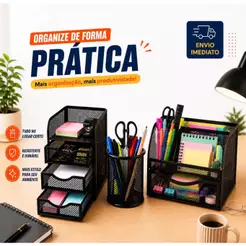 Porta Canetas Aramado Preto Organizador Mesa Escritório Metal 06 Divisórias Gaveta Multiuso Moderno