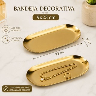 Bandeja Aço Inoxidável Oval Dourada Luxo Decorativa para Acomodar Joias Copos