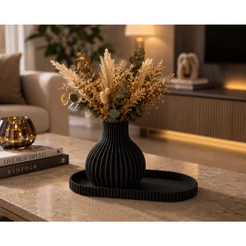 Vaso Decorativo Canelado + Bandeja Organizadora Decoração