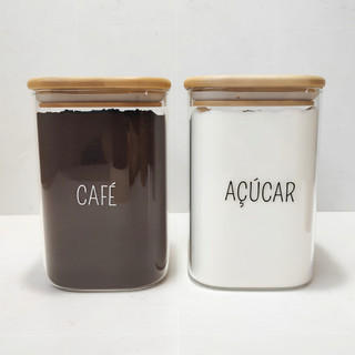 Kit 2 Potes Hermético Vidro Quadrado Personalizado Resistente 1,1 Litros Tampa de Bambu Café Açúcar