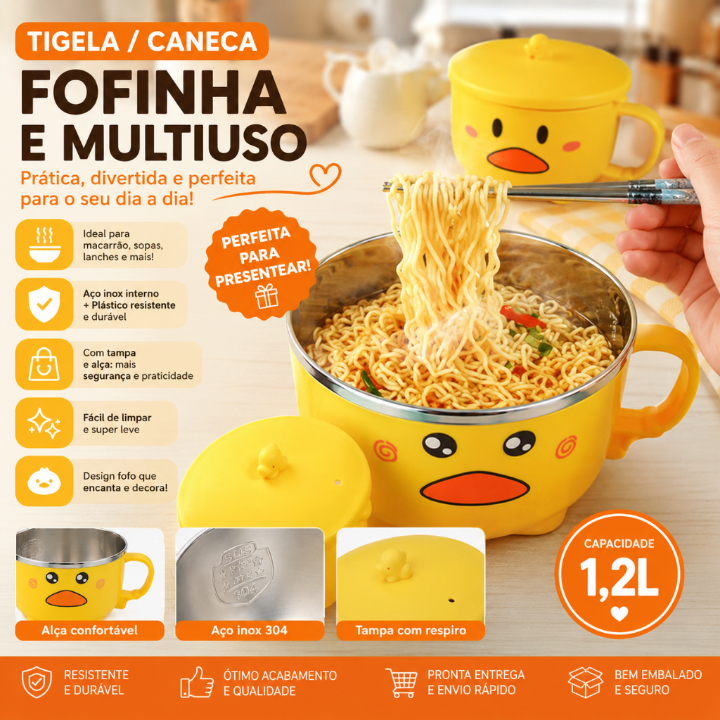 Caneca Tigela Inox 1,2L com Tampa | Ideal para Miojo, Sopas, Lanches | Grande, Resistente e Super Fofa