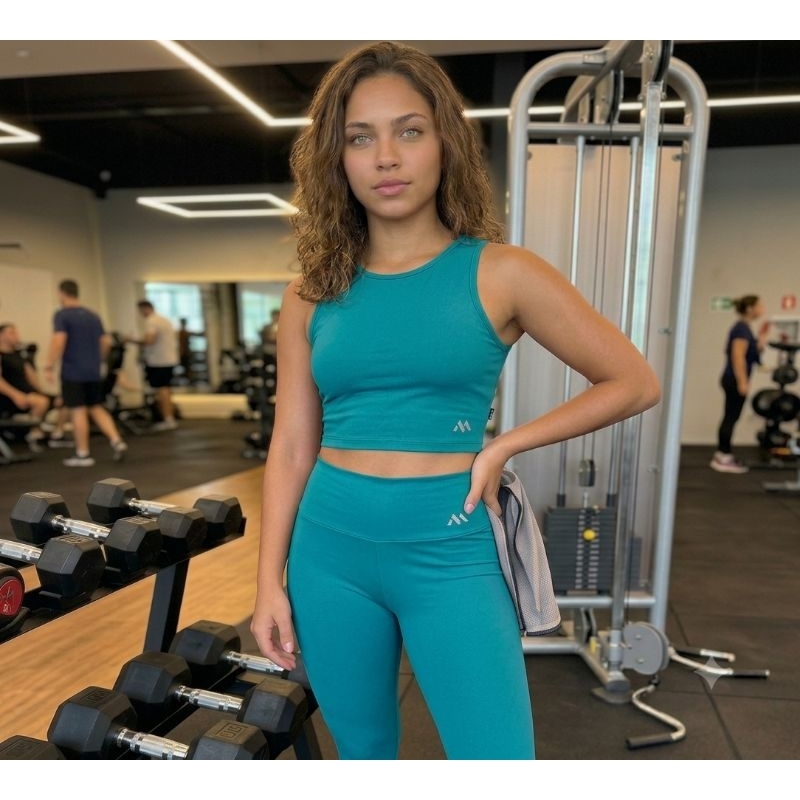 Conjunto Fitness Cropped e Calça Legging Tecido Premium Blackout Zero Transparência Academia