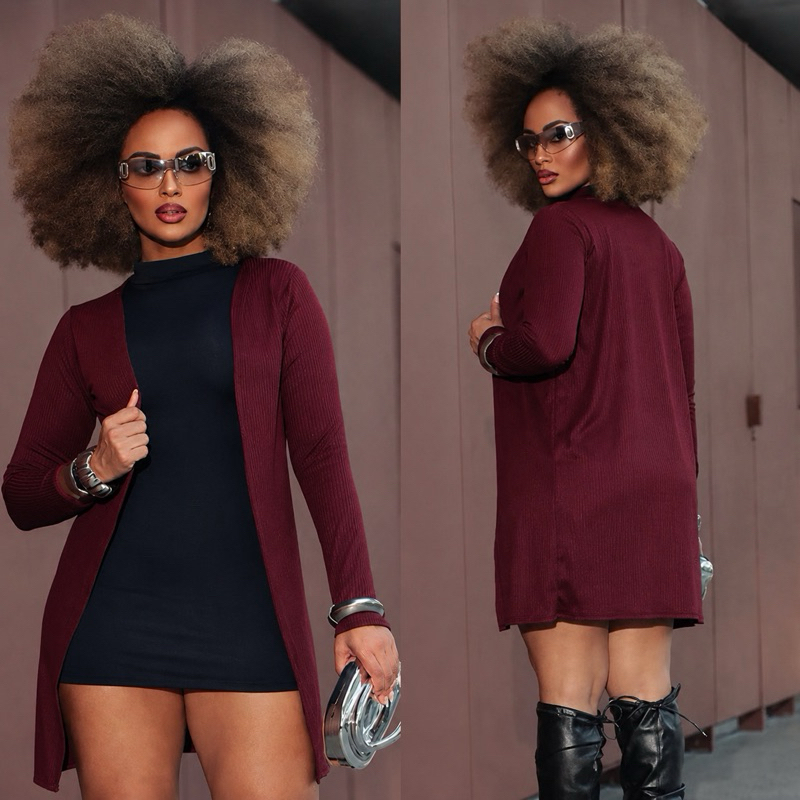 Cardigan Feminino Canelado Casaco Aberto Comprido Elegante e Confortável Inverno