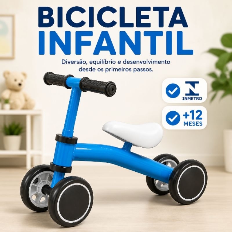 Bicicleta Infantil de Equilíbrio 4 Rodas Bebê +12 Meses Sem Pedal Azul Coordenação Motora Brinquedo Infantil