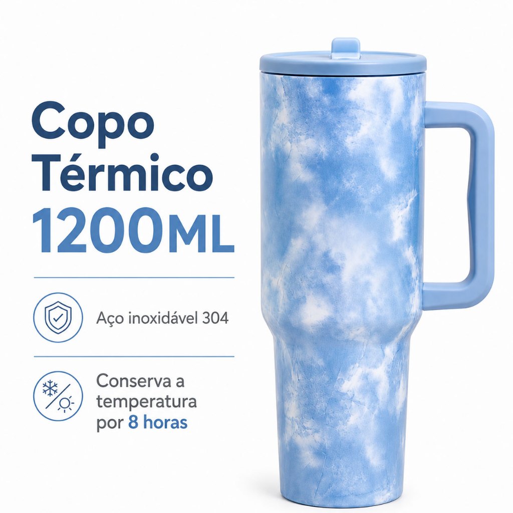 Copo Térmico Inox 1200ml com Tampa e Canudo – Esportivo, Bocal com Bico, Design Mármore Elegante